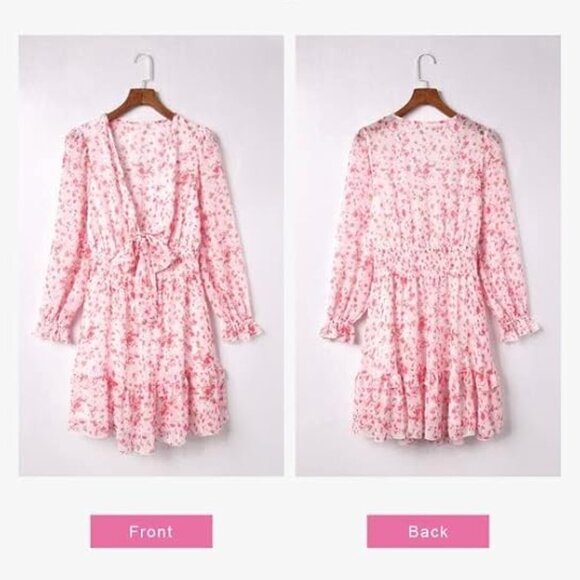 Lantern Sleeve Tie Waist Mini Dress | Deep V Neck Fall Wedding Guest Outfit - Picture 4 of 7